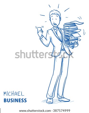 Stressed young man in business suit carrying a pile of documents while his phone rings. Hand drawn line art cartoon vector illustration.