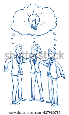 Happy business team, men and women, sharing their ideas, concept of good teamwork. Hand drawn line art cartoon vector illustration.