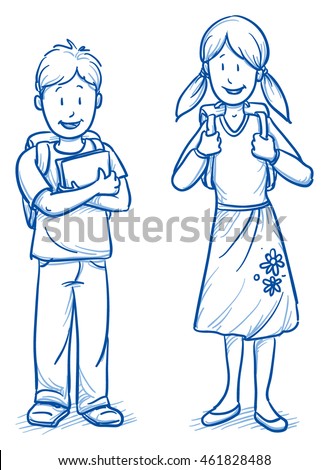 Cute little boy and girl with school bags and books. Hand drawn cartoon doodle vector illustration.