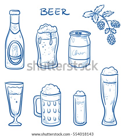 Icon set of different beer glasses for lager and bavarian wheat beer, a beer bottle and a tin.  Hand drawn doodle vector illustration.