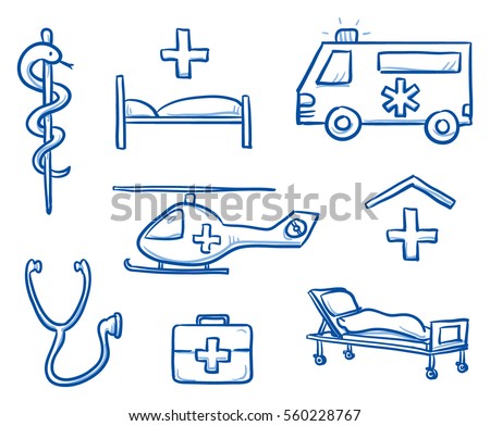 Set of different medical icons as ambulance, helicopter, hospital, stethoscope, first aid kit, bed,  for medical info graphics. Hand drawn line art cartoon vector illustration.