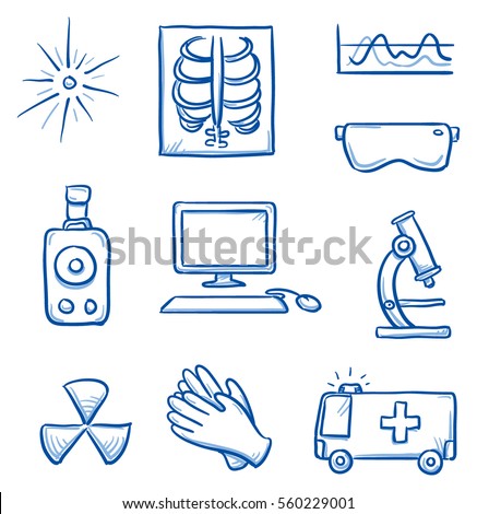 Set of different medical radiation and x-ray icons, for info graphics. Hand drawn line art cartoon vector illustration.