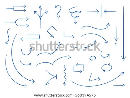 Set of different thin straight and curved arrows for work flow charts, video clips or info graphics. Hand drawn doodle cartoon vector illustration.