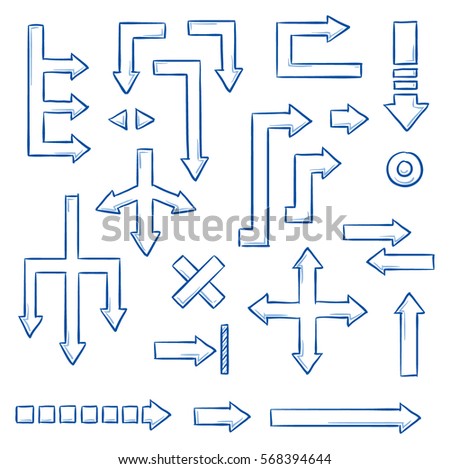 Set of different straight arrows for work flow charts, video clips or info graphics. Hand drawn doodle cartoon vector illustration.