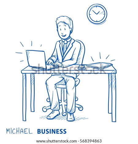 Happy business man, employee at his desk with laptop, tablet and smart phone. Concept for good organization, perfect work flow or software optimization. Hand drawn line art cartoon vector illustration