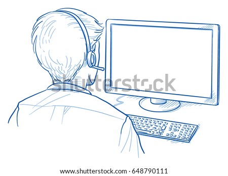 Back view of a business man with headset in front of a computer screen, for mock up purposes. Hand drawn line art cartoon vector illustration.