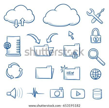 Set with different file sharing icons, as cloud, file folder, media icons, tools, zoom and lock. Hand drawn line art cartoon vector illustration.