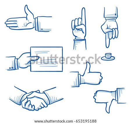Set with different hand icons as shaking hands, like and dislike, pointing or giving something. Hand drawn line art cartoon vector illustration.
