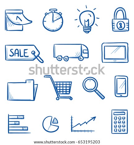 Set with different small business, office and shopping icons, as light bulb, calendar, charts, shipping, payment and phone. Hand drawn line art cartoon vector illustration.