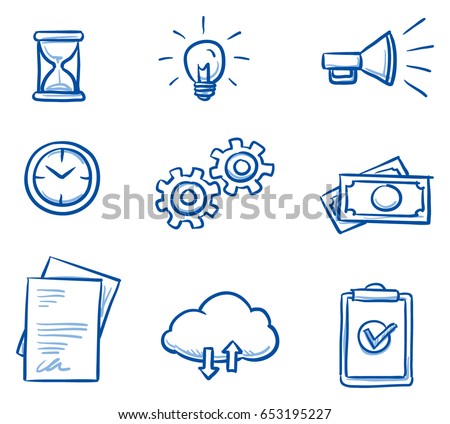 Set with different business icons, as file sharing cloud, clock and hourglass, money, checklist, documents, light bulb and gears. Hand drawn line art cartoon vector illustration.