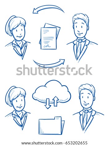 Modern business people looking happy, sharing their files and documents via cloud and hard-copy. Hand drawn line art cartoon vector illustration.