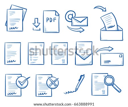 Set with different office paper icons, as contract, form, letter, email, for work-flow charts. Hand drawn line art cartoon vector illustration.