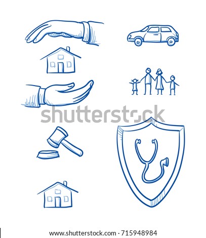 Set with different insurance icons, as car, health, legal, liability, family, life, and house. Hand drawn line art cartoon vector illustration.