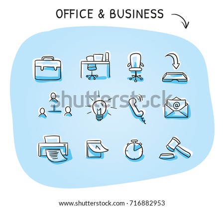 Set with different office icons as desk, chair, light bulb, phone, calendar, printer, email and briefcase. Hand drawn sketch vector illustration, blue marker style coloring on plain background.