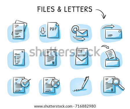 Set with files and paper icons as checklist, form, application, contract, PDF, certificate and signature. Hand drawn sketch vector illustration, blue marker style coloring on single blue tiles. 