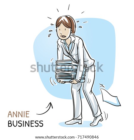 Stressed young woman in business clothes carrying a heavy pile of documents looking exhausted. Hand drawn cartoon sketch vector illustration, whiteboard marker style coloring.