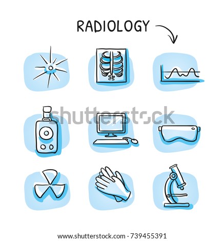 Set of different medical radiation and x-ray laboratory icons, for info graphics on blue tiles. Hand drawn cartoon sketch vector illustration, marker style coloring. 