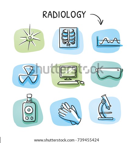 Set of different medical radiation and x-ray laboratory icons, for info graphics on blue and green tiles. Hand drawn cartoon sketch vector illustration, marker style coloring. 