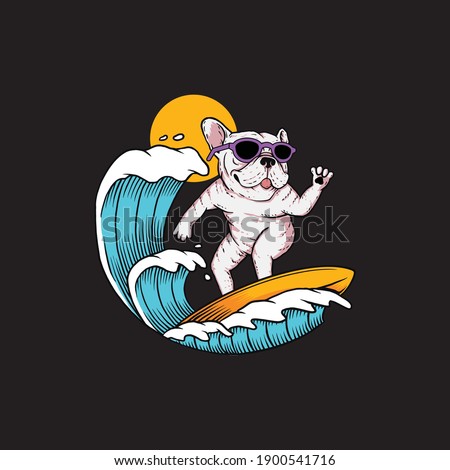 Illustration of Dog Surfing Mascot Vector The Concept of Isolated Technology. Flat Cartoon Style Suitable for Landing Web Pages, Banners, Flyers, Stickers, Cards