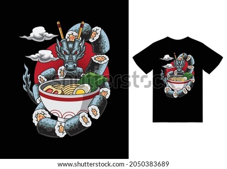 Dragon sushi ramen illustration with tshirt design premium vector the Concept of Isolated Technology. Flat Cartoon Style Suitable for Landing Web Pages, Banners, Flyers, Stickers, Cards