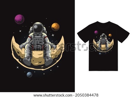 astronaut sitting on moon illustration with tshirt design premium vector the Concept of Isolated Technology. Flat Cartoon Style Suitable for Landing Web Pages, Banners, Flyers, Stickers, Cards