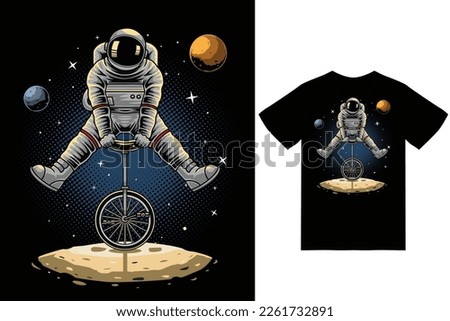 Astronaut riding unicycle illustration with tshirt design premium vector the Concept of Isolated Technology. Flat Cartoon Style Suitable for Landing Web Pages,T shirt, Flyers, Stickers