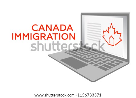 Concept of Canada immigration and migration lawyer Visa programs. Laptop with Canadian Red maple leaf on screen. Concept of Canada Citizenship, Business Investment Immigration Refugee Experience Class