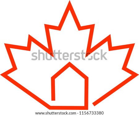 real estate logo. House with Red maple leaf Canadian symbol. Canada flag logo. Concept of buy apartment property in canada and immigration and migration family programs Visa