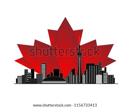 Black cityscape Toronto city illustration with Red maple leaf Canadian lawyer symbol background. Canada Citizenship immigration vector. Concept of Express Entry or family sponsorship, approved visa