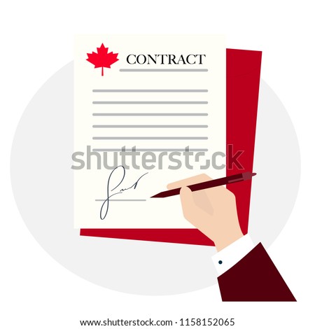 Canadian contract signing. Man hand signs document stamped with red maple leaf Canadian symbol, put signature.  Modern concept for web sites, infographics or international deal. Flat style Vector