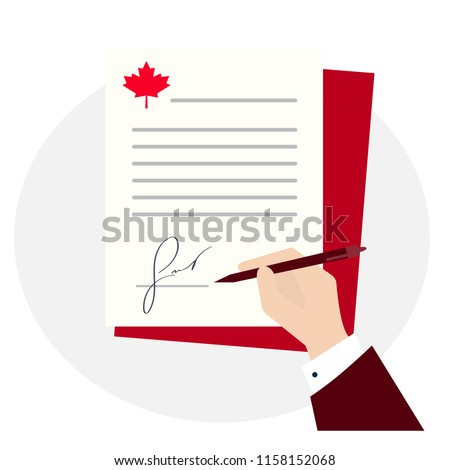 Flat design Canadian document signing vector icon. Business man hand with pen sign paper with red maple leaf Canada symbol. illustration of legal agreement with signature contract template