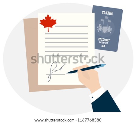 Canadian citizenship biometric passport. Travel Study Immigration to Canada North America. Business man hand sign fake signature document vector illustration, contract application with red maple leaf
