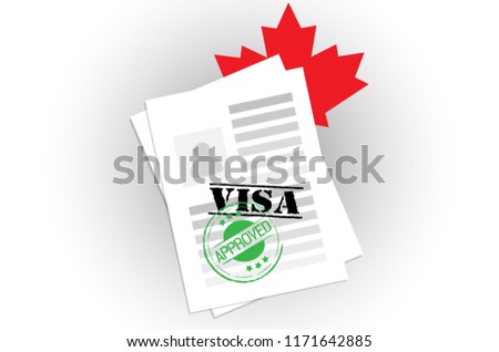 Visa to Canada approved green stamp. Red maple leaf Canadian symbol documentation with photo id and text application. immigration or tourism to Canada 