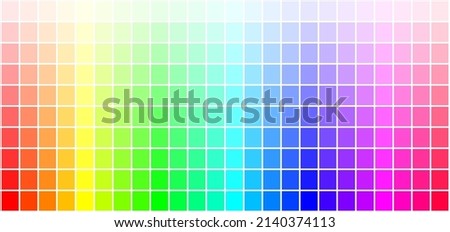 Color table, chart of tints of 24 hues. Bright colorful scale by adding white to hues and mixture of pure colors. Variety of light pastel pale nuances, graphic tool for design and color combinations. Imagine de stoc © 