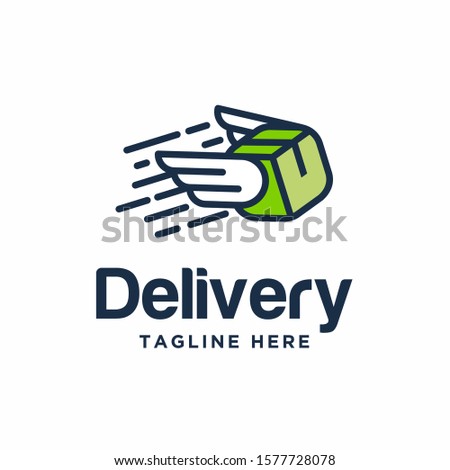 Delivery box logo template. Box with wings design vector illustration