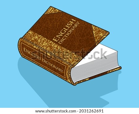 English Dictionary ornate leather cover book vector drawing with front cover opening created to symbolise education and knowledge according to traditional ways prior to smart phones and tablets.