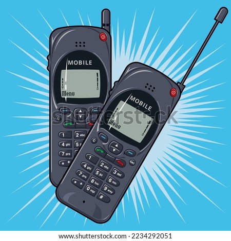 A vector image of one of the first mobile phones from the mid-1990s. They were similar in width and height to the smart phone, but much thicker. One had to pull the aerial out to connect properly.