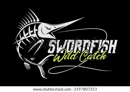 marlin swordfish fish skull skeleton in modern vintage rustic logo design style template on black dark background vector illustration
