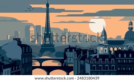 Soft hues bathe Paris in a magical glow in this flat vector illustration. The Eiffel Tower, a sleek silhouette, pierces a blush-colored sky. 