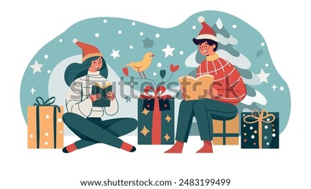 Warmth fills the air in this flat vector illustration. A joyful couple, excitedly open Christmas presents. Colorful wrapping paper and a christmas tree in the background