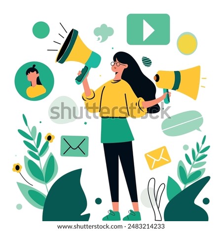 A vibrant scene unfolds in this flat vector illustration. A stylish woman, megaphone in hand, captivates her audience. 