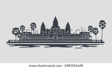 Angkor's grandeur unfolds in this flat vector illustration. Intricate details are simplified, capturing the essence of Angkor Wat's majesty. 