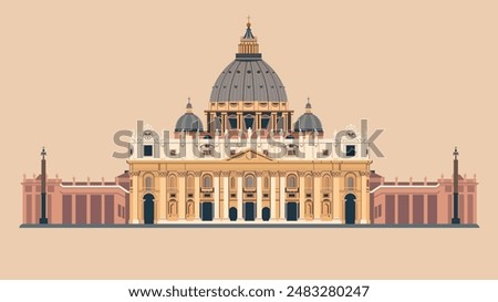 a holy scene unfolds in this flat vector illustration. St. Peter's Basilica, its dome reaching for the sky, takes center stage. Bold colors highlight its architectural details