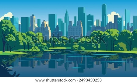 The illustration beautifully captures Central Park, the iconic green oasis in the heart of New York City. This urban retreat is depicted with lush, vibrant greenery and winding pathways