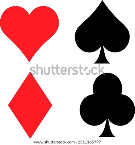 This illustration showcases the four classic card suit symbols: the red heart and diamond, and the black spade and club.