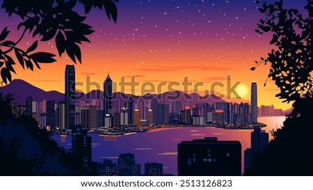 This stunning illustration captures the captivating skyline of Hong Kong at sunset. The sun dips below the horizon, casting a warm orange and purple hue over the city's towering skyscrapers