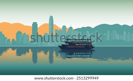 This stunning illustration captures the captivating skyline of Hong Kong at sunset. The sun dips below the horizon, casting a warm orange and purple hue over the city's towering skyscrapers