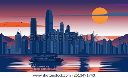 This captivating illustration of Hong Kong at sunset portrays a serene scene where the city's towering skyscrapers are bathed in warm hues of orange and purple