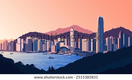 This stunning illustration captures the captivating skyline of Hong Kong at sunset. The sun dips below the horizon, casting a warm orange and purple hue over the city's towering skyscrapers