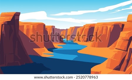 A breathtaking panorama of the Grand Canyon unfolds in this vibrant illustration. The towering, reddish-brown cliffs create a dramatic backdrop for the winding Colorado River